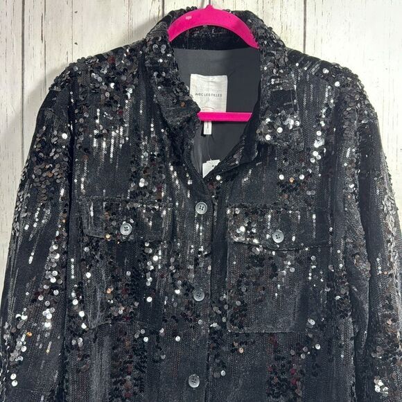 Avec Les Filles Black Sequin Button Up Jacket Shacket 3X Holiday Glam Night Out - Picture 9 of 14
